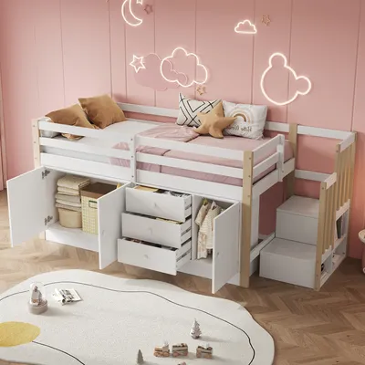 A child's loft bed with storage, set against a pink wall with neon decorations.