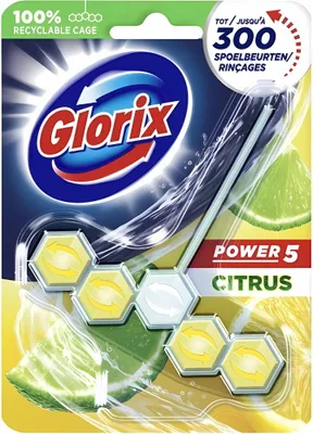 Produktbild von Glorix Toilettenblock - Power 5 - Zitrone - Zitronenfrisch & Hygienisch - 55 g - 1 Stück