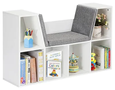 Immagine prodotto di Pianca multifunzione 3-in-1: scaffale per bambini, libreria e panca, con 6 scomparti per riporre giocattoli e libri, ideale come regalo per bambini dai 3 anni in su