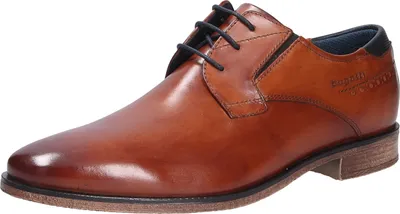 A single brown leather shoe is shown against a white background.