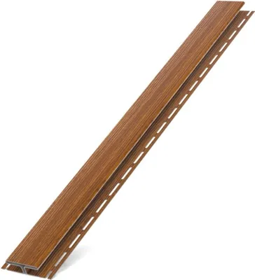 A single piece of brown vinyl siding with a wood grain texture, shown diagonally against a white background.