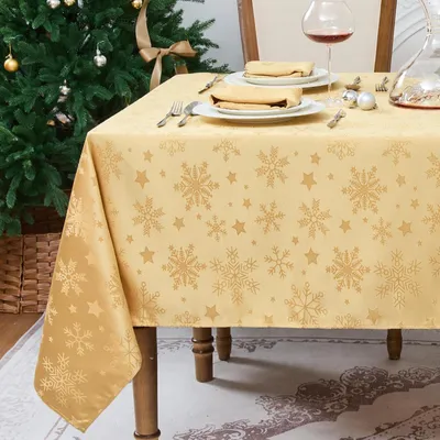 Productafbeelding van Kersttafelkleed, 150 x 300 cm, goud, jacquard, sterren, sneeuwvlokken, afwasbaar