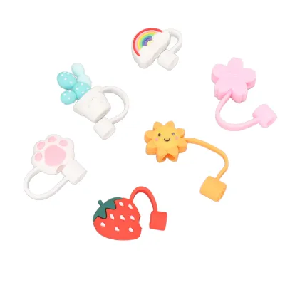 Image de 6Pcs Paille Couverture Bouchon mignon Cartoon réutilisable Silicone Toppers Conseils à boire Bouchon (Type B)