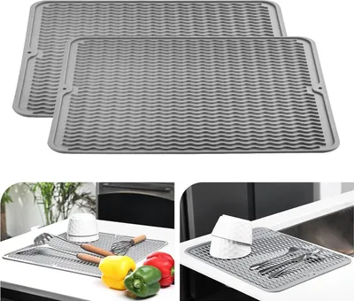 Produktbild von 2 Stück Abtropfmatte 30x40cm , Geschirr aus Silikon hitzebeständiges rutschfestes Abtropfmatte Spüle,Spülmatte Abtropfunterlage,Tischset (Hellgrau)