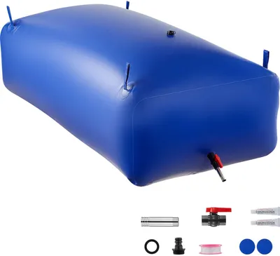 A blue, flexible water storage bladder with various accessories shown below.