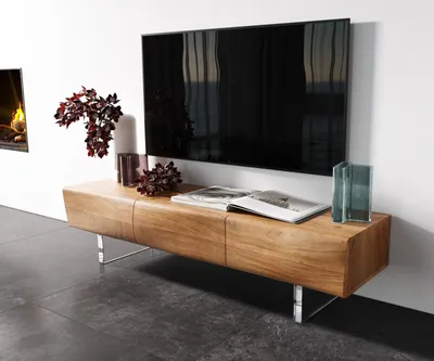 Produktbild von DELIFE Lowboard New Live-Edge 145 cm Akazie Natur 3 Türen Acrylfuß