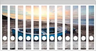 Produktbild von Wallario Ordnerrücken Sticker, selbstklebend für schmale Ordner, 12 Stück, Motiv Fischerboot am Strand bei Sonnenuntergang