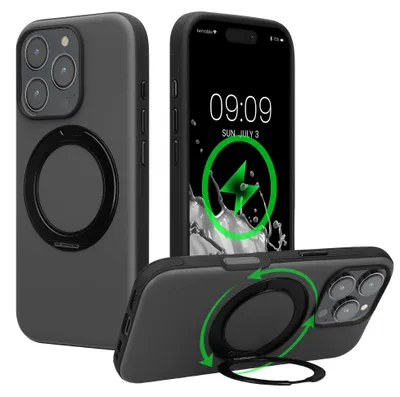 Produktbild von kwmobile Case mit 360° Standring für Apple iPhone 16 Pro Hülle - Hardcase mit drehbaren Kickstand - kompatibel mit MagSafe - Schwarz