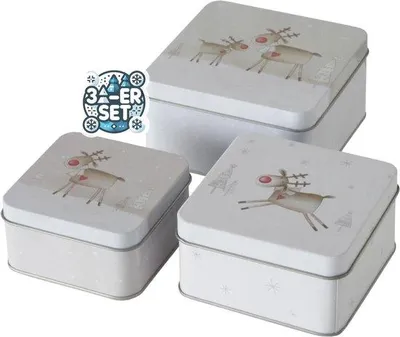 Productafbeelding van Set metalen koekjestrommels - Grappige rendieren, vierkant, 9-12 cm
