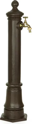 A dark brown, antique-style garden water tap stand with a brass faucet, isolated on a white background.