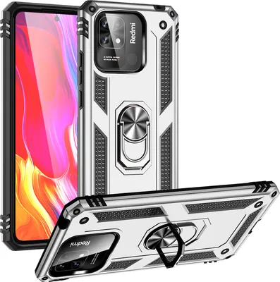 Obrázek produktu pro Pouzdro pro Xiaomi Redmi 10C dvouvrstvé robustní, vojenská ochrana pouzdro s držákem prstenu a stojánkem Stříbro