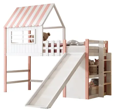 Imagen del producto de Cama infantil alta – Cama superpuesta de madera maciza – 90 x 200 cm – Escalera de seguridad – Tobogán – Espacio de almacenamiento – Color rosa