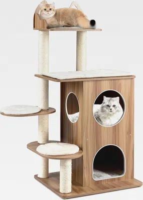 Produktbild von 122 cm Kratzbaum Holz, Katzenbaum mit 2-stöckiger Katzenhöhle, Katzenkratzbaum mit Plattformen, Kissens & Sisal-Kratzpfosten, Katzenmöbel Katzen, Kletterbaum Katzenhaus, Natur