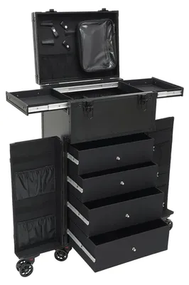 Produktbild von Schminkkoffer mit Rollen - Professioneller Make-up Trolley - Große Kapazität - Aluminium - 4 Spinner-Rollen - Teleskopgriff - Schwarz
