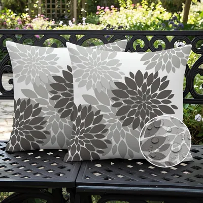 Produktbild von Outdoor Kissenbezüge 50x50 cm Schwarz Grau Dahlienmuster 2er Set Wasserdicht Doppelseitig