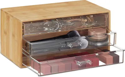 Produktbild von Relaxdays Kosmetik Organizer, 3 Schubladen, Make Up & Schmuckaufbewahrung, HBT 15x30x17,5cm, Bambus Schubladenbox, natur