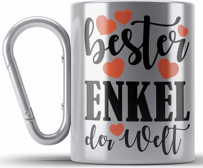 Produktbild von Trendation - Enkel Edelstahl Tasse Karabiner Geschenk Oma Opa Enkel Geschenke Geschenkidee Karabiner Edelstahl Tasse Karabiner Edelstahl Kaffeebecher von Großeltern Bester Enkel (Silber)