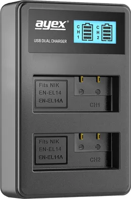 Imagen del producto de Cargador USB doble para baterías Nikon EN-EL14, con pantalla iluminada e indicador de estado de carga