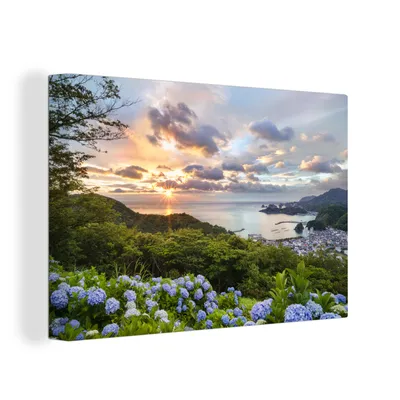 Zdjęcie produktu dla OneMillionCanvasses® - Obraz na płótnie - 150x100 cm, Zachód słońca z hortensjami, Dekoracja ścienna z nadrukiem
