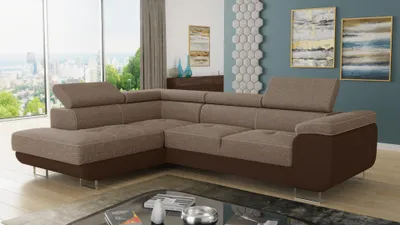 Produktbild von Ecksofa Caris mit Schlaffunktion und einstellbare Kopfstützen, Wohnlandschaft, Couchgarnitur, Bettkasten, Sofagarnitur, Couch, Sofa (Braun + Cappuccino (Sawana 16 + Sawana 02), Ecksofa Links)