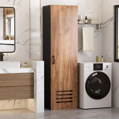 Produktbild von Putzschrank 40 cm schmal, Besenschrank mit Regalen und Kleiderstange, Staubsaugerschrank für Haushalt, Küche und Waschküche, 40*30*160cm,Schwarz&Eiche