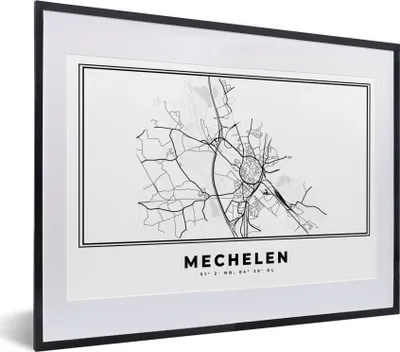 Produktbild von MuchoWow® Gerahmtes Poster Belgien - Mechelen - Stadtplan - Karte - Schwarz und weiß - Karte 40x30 cm - Poster mit Schwarzem Bilderrahmen Wandposter Rahmen Foto Bilder - Bilderrahmen - Poster im Rahmen