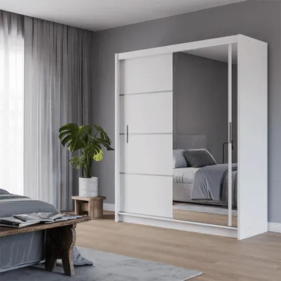 Produktbild von Krudox PRVTA Schwebetürenschrank Weiß mit Spiegel 180 cm Kleiderschrank mit 2 Kleiderstangen