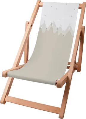 A wooden deck chair with a printed fabric seat.