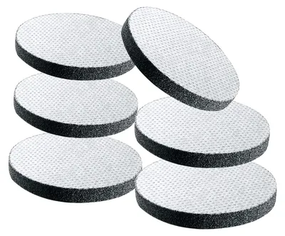 A set of six round water filter discs arranged in a staggered pattern against a white background.