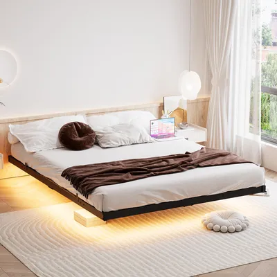 Immagine prodotto di okwish letto galleggiante 140x190 letto in metallo con striscia luminosa a LED e connessioni USB, rete letto giovanile con rete a doghe e prese standard, nero (senza materasso)