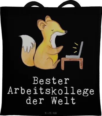 Produktbild von Mr. & Mrs. Panda Jutebeutel Fuchs Bester Arbeitskollege der Welt - Schwarz - Geschenk, Mitarbeiter, Arbeit, Büro, Dankeschön, umhängebeutel, Geschenkidee, Schultasche