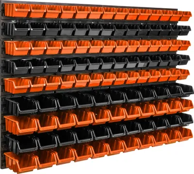 Image de Panneau d'outils mural 115 x 78 cm avec 114 pcs. Boîte à suspendre Boîtes en plastique orange et noir