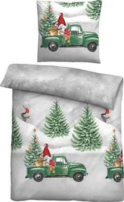 A Christmas-themed duvet cover and pillowcase set with a watercolor illustration of gnomes and trucks.