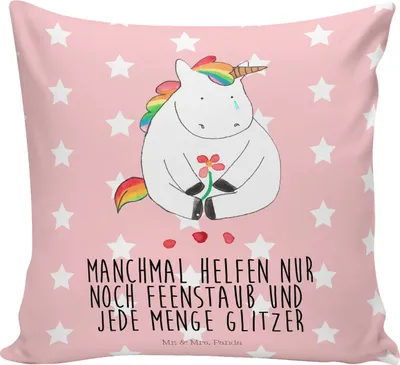 Produktbild von Mr. & Mrs. Panda Kissen 40x40 Einhorn Traurig - Rot Pastell - Geschenk, Trauer, Zierkissen, Lounge, Unicorn, Sofa, Einhörner, Freunde, Liebe, Couchkissen, Sofakissen