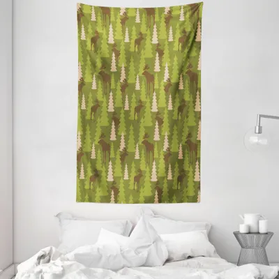 Produktbild von ABAKUHAUS Hirsch Wandteppich und Tagesdecke, Waldbewohner Moose aus Weiches Mikrofaser Stoff Waschbar ohne Verblassen Digitaldruck, 140 x 230 cm, Grün Tan Brown