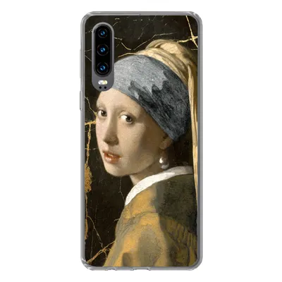 Produktbild von MuchoWow® Handyhülle Schutzhülle Hülle für Huawei P30 Mädchen mit einem Perlenohrring - Marmor - Gold Silikon Softcase Handy Hülle - Kartenbesitzer
