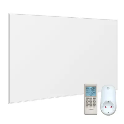 A white infrared heating panel with a remote control and a power adapter on a white background.