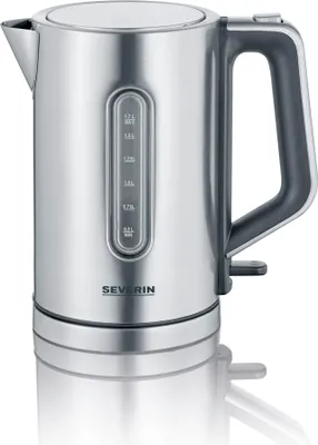 A silver electric kettle with a gray handle is shown against a white background.