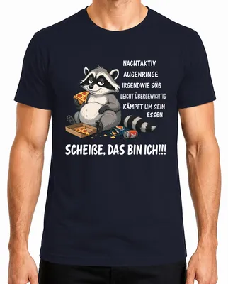 Imagen del producto de Camiseta para hombre, color azul marino, talla M. Diseño: "¡Qué asco! Soy un mapache. Pizza. Declaración. Sarcasmo. Comida rápida."