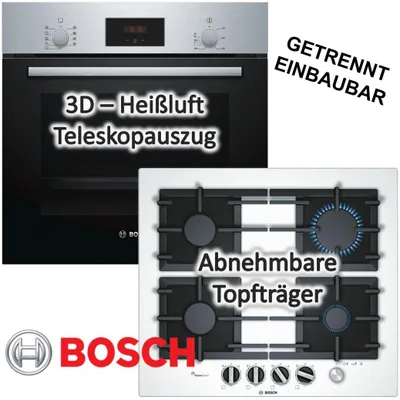 Produktbild von Herdset Bosch 3D-Heißluft Schnellaufheizung Teleskopauszug + Gas Kochfeld Glas weiß mit Gusseisenrost