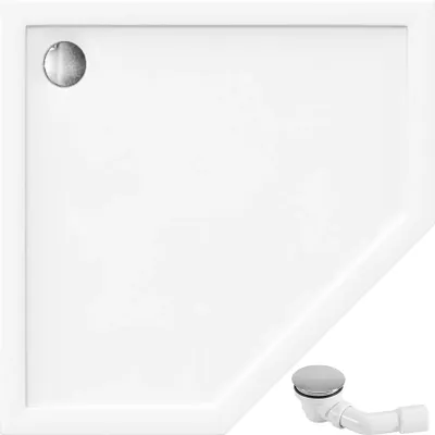 A white shower tray with a drain fitting.