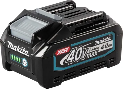 A close-up studio shot of a black Makita XGT 40V 4.0Ah Li-Ion battery pack.