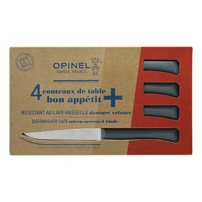Produktbild von Opinel Tafelmesser Bon Appetit+, 4-tlg., Sandvik-Stahl 12C27, rostfrei, Mikrozahnung, Polymer-Kunststoffgriff, anthrazit