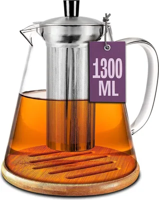 Obrázek produktu pro Skleněná konvice s nerezovou sítkovou vložkou 1,3 litru - S podšálkem - Tepelně odolná - Dlouhodobě udržuje teplo - Vhodná do myčky nádobí