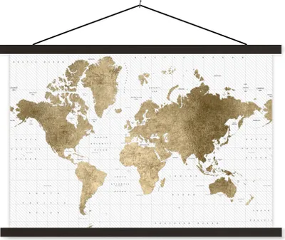 Produktbild von MuchoWow® Textilposter Weltkarte - Gold - Glitter 90x60 cm mit schwarzem Rahmen - Aufhängungssatz