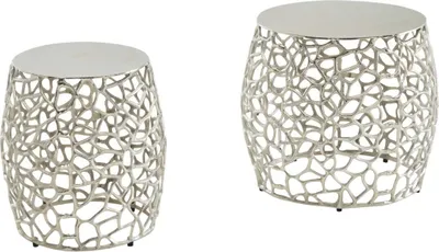 Produktbild von Beistelltisch 2er Set Aluminium Silber Design Satztisch Metall Rund, Wohnzimmertisch Couchtisch Ast-Struktur Modern, Sofatisch 2-teilig Wohnzimmer