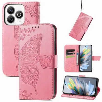 Image de Étui portefeuille en similicuir pour ZTE Blade A75 4G, motif papillon, rose