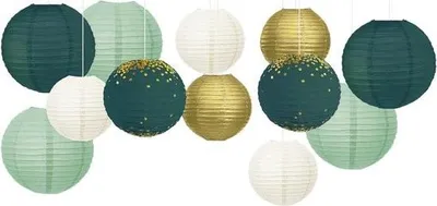 Produktbild von Papierlaterne – 12 grüne und goldene hängende Papierlaternen für rustikale Frühlingsdekoration – Brautparty – Babyparty – Geburtstag – Eukalyptus – neutral – Partydekoration