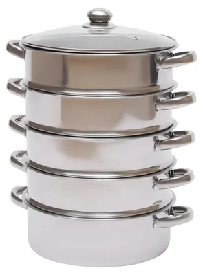 Produktbild von Dampfgar-Topf aus Edelstahl - Steamer 26 cm - 4-stöckig stapelbar - 304 lebensmittelecht - Für Induktion & Gas - Glasdeckel mit Dampfventil - 3-lagiger Boden - Silber