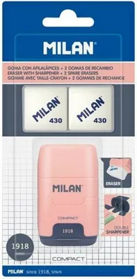 Produktbild von Milan Blisterpackung Radiergummi Mit Anspitzer Kompakt 1918-serie + 2 Ersatzradierer Durchsichtig  Kinder Durchsichtig One Size
